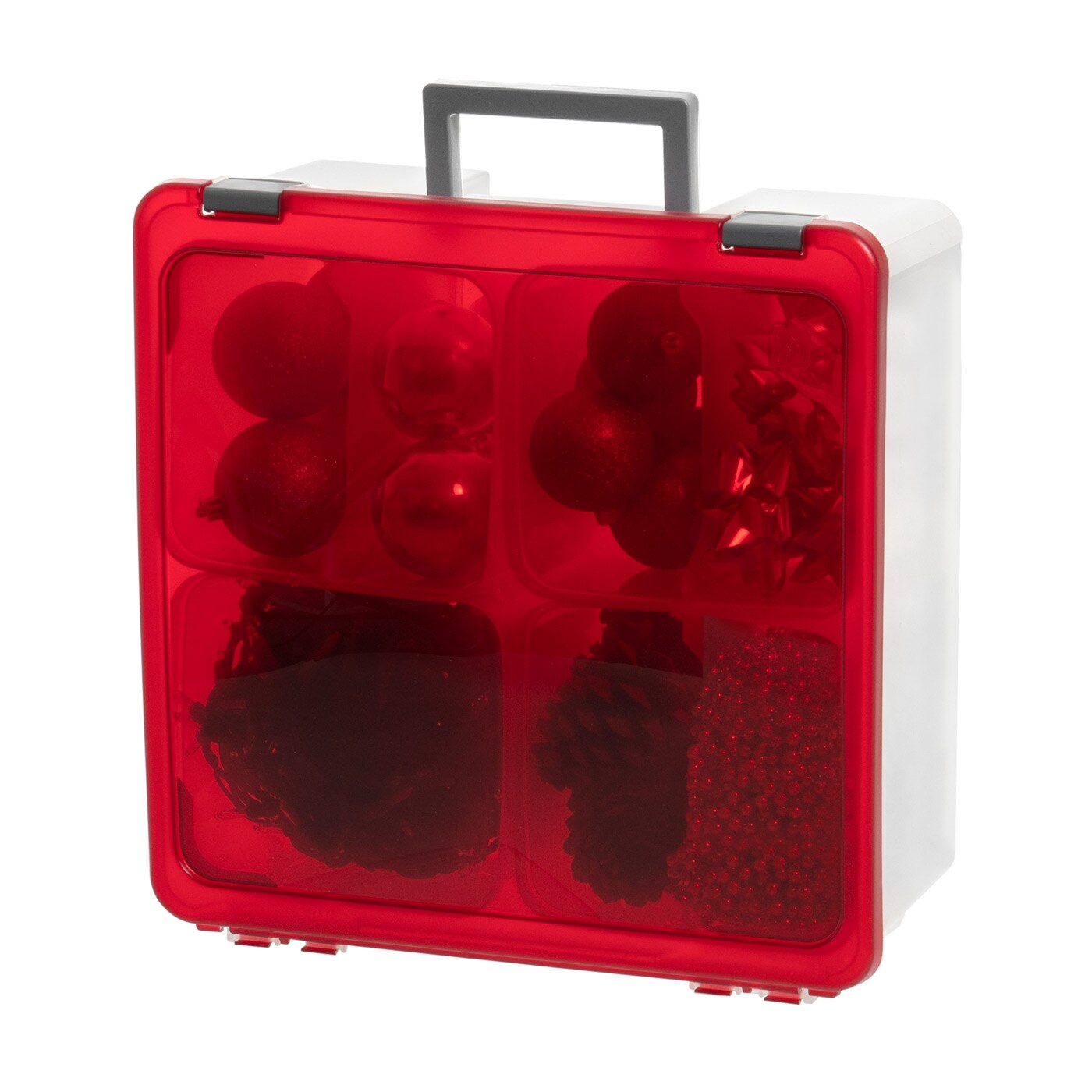 IRIS USA 26.7qt Portable Divider Holiday Storage Bin, Ornament Storage Box, 4-Compartment Container Tote, Clear/Red