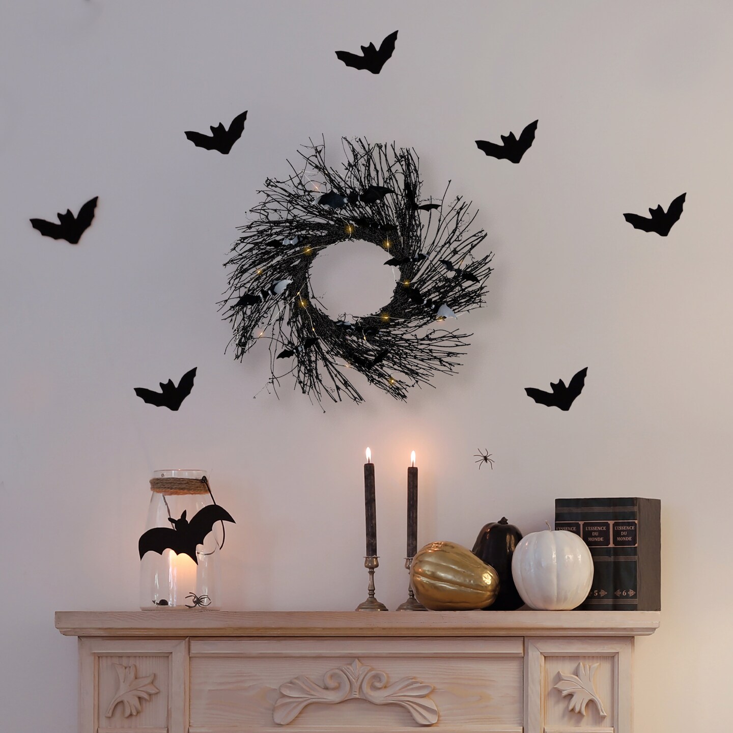 Northlight Black Halloween Twig Wreath with Bats and Warm White Lights, 22-Inch