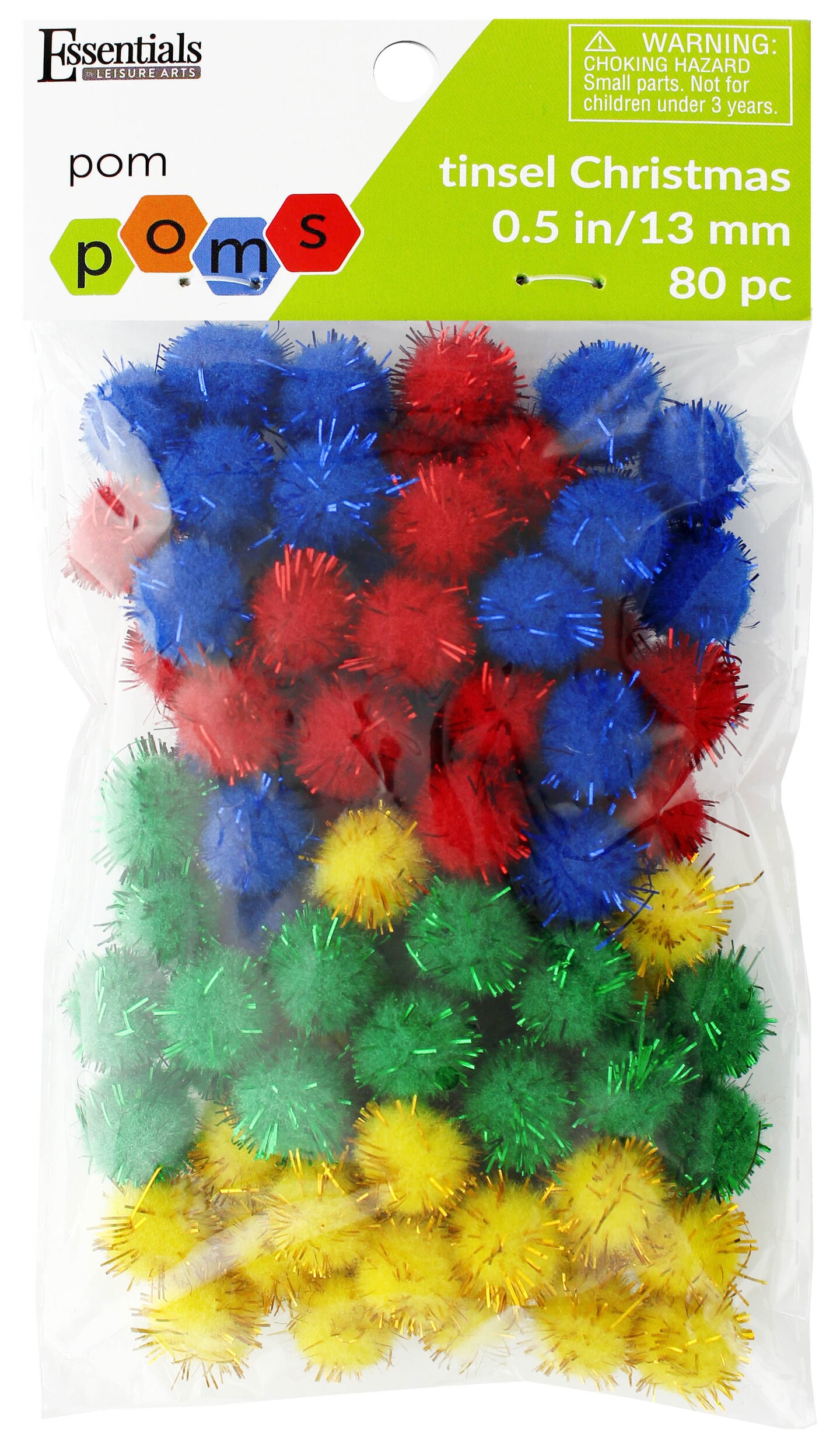Essentials by Leisure Arts Pom Poms, Tinsel Christmas -1/2&#x22;, 80 Pieces per Pack