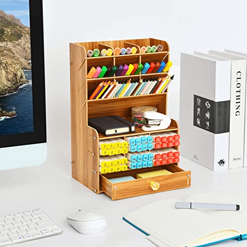 Marbrasse Wooden Pen Organizer, Multi-Functional DIY Pen Holder Box, Desktop Stationary, Easy Assembly, Home Office Art Supplies Organizer Storage with Drawer (B16-Cherry Color)