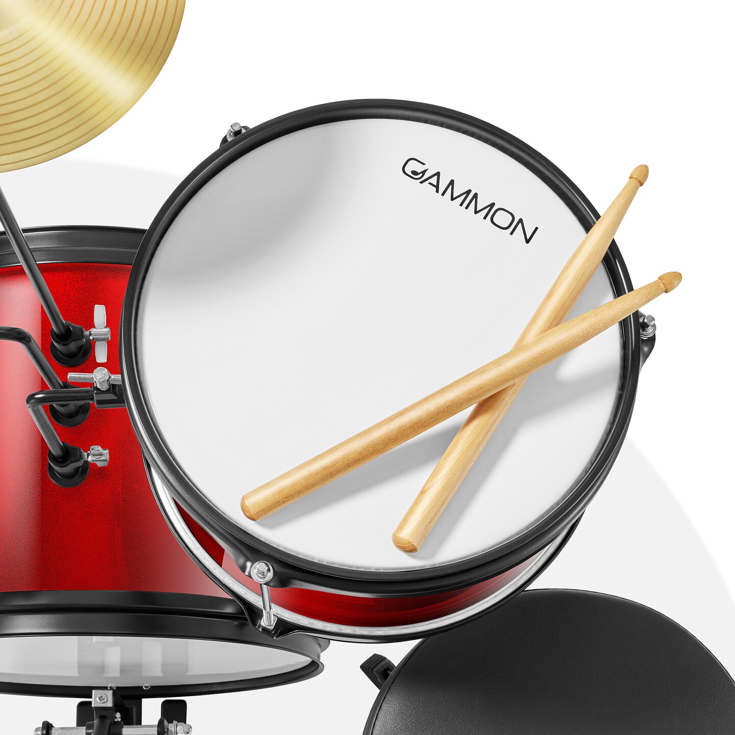 Gammon 3-Piece Junior Drum Set with Throne, Complete Beginner Kit with Bass Drum, Toms, Cymbal, Pedal, and Drumsticks