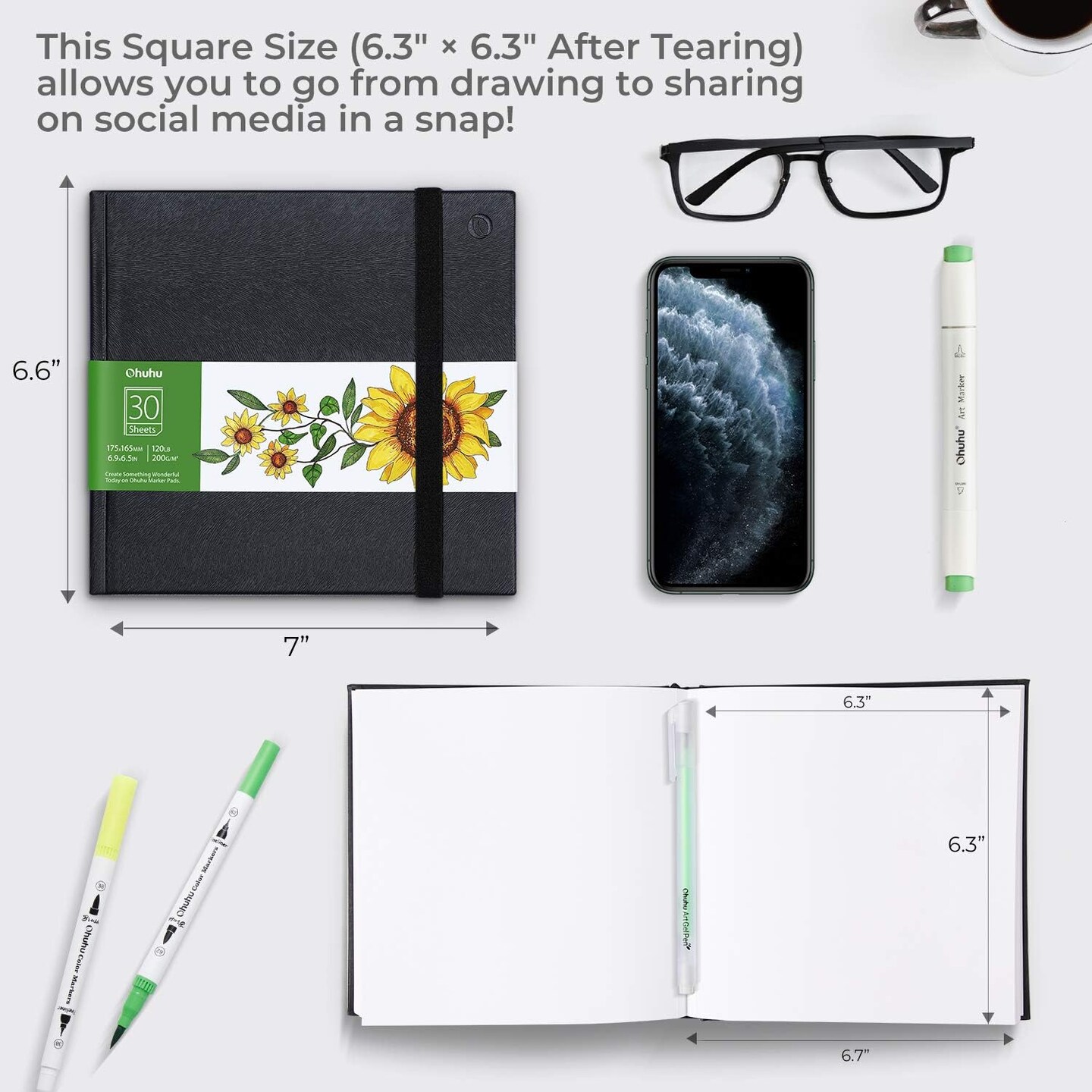 Hardcover Sketch Book, Square Sketchbook with 120LB/200GSM Thick