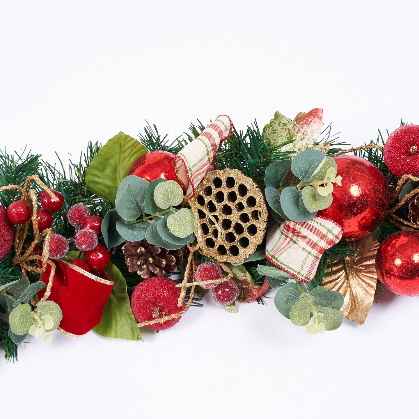 Red, Gold, Blue, Green Poinsettia, Magnolia Garland (Unlit)