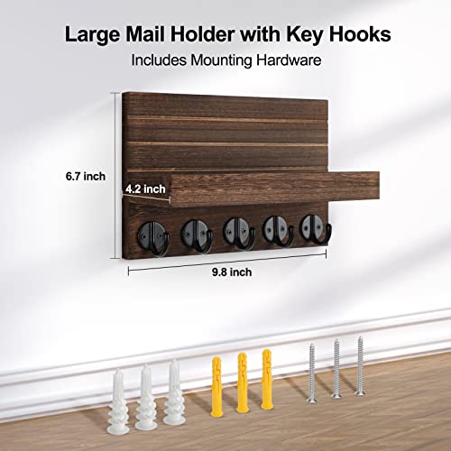 Key Holder for Wall, Decorative Key and Mail Holder with Shelf Has Large Key Hooks for Bags, Coats – Paulownia Wood Key Hanger with Mounting Hardware (9.8”W x 6.7”H x 4.2”D) (Brown)