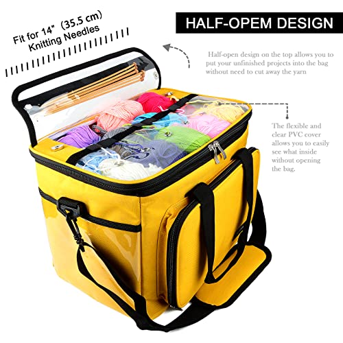 Hoshin Knitting Bag for Yarn Storage, High Capacity Yarn Totes Organizer with Inner Divider Portable for Carrying Project, Knitting Needles(up to 14”), Crochet Hooks, Skeins of Yarn (Yellow)