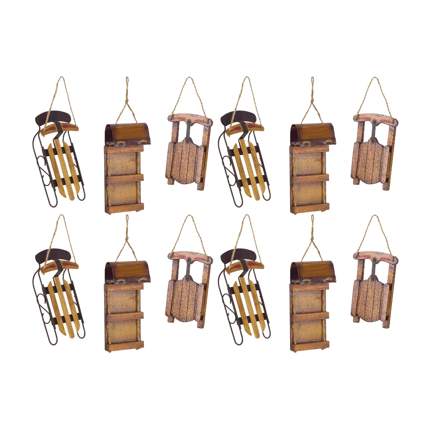 Melrose Set of 12 Sled Wooden Christmas Ornaments 5.75