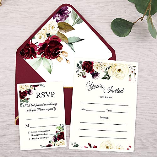 25 Pack Burgundy Fill-in Invitations Cards with Burgundy Rose and Envelope with Gold Border for Wedding,Engagement Invite