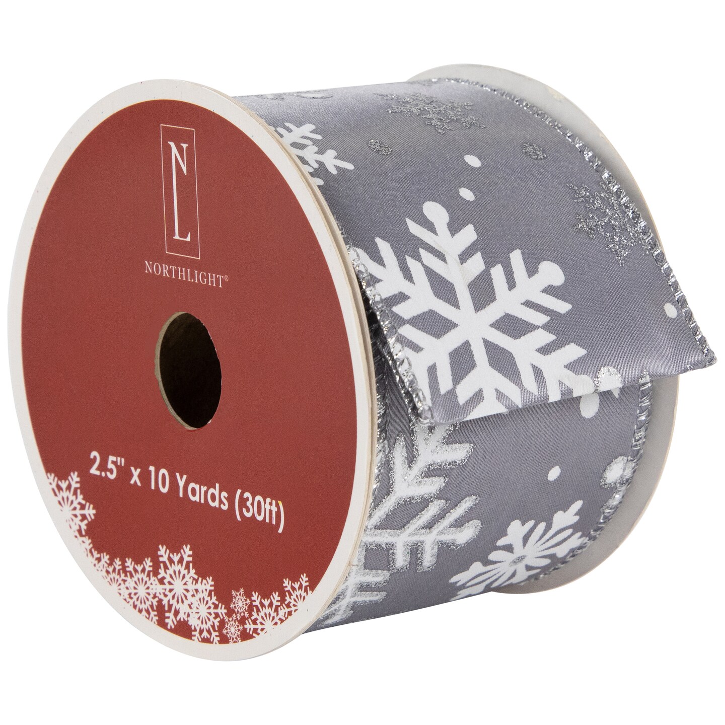 Northlight Gray and White Shimmering Snowflakes Wired Craft Christmas Ribbon 2.5&#x22; x 10 Yards