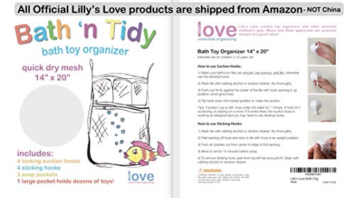 Lilly&#x27;s Love Bath Toy Storage - Large 14 x 20 inch Bathtub Toy Holder + 2 Locking Hooks, Quick Dry &#x26; Easy for Kids to Put Bath Toys Away