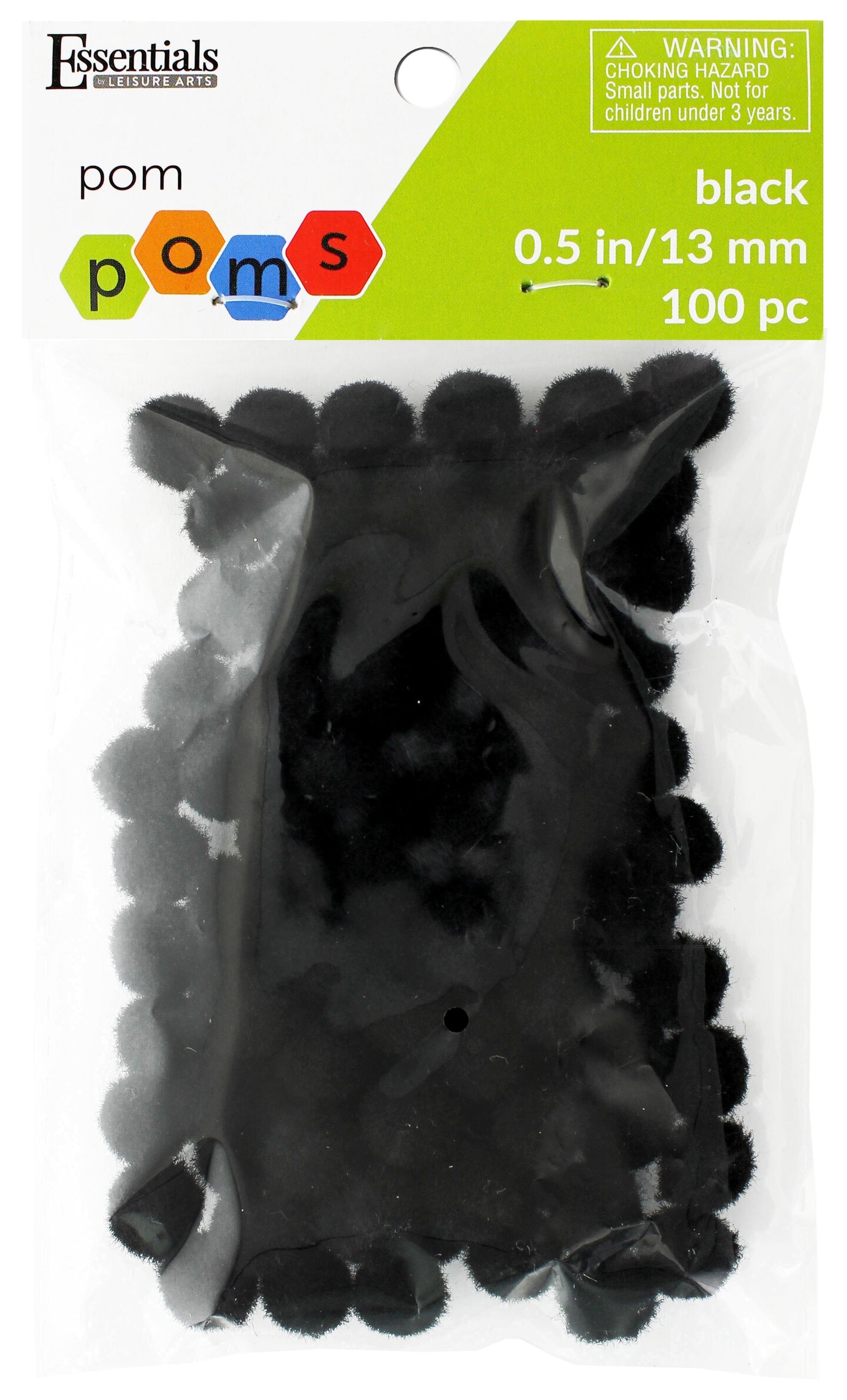 Essentials by Leisure Arts Pom Poms, Black -1/2&#x22;, 100 Pieces per Pack