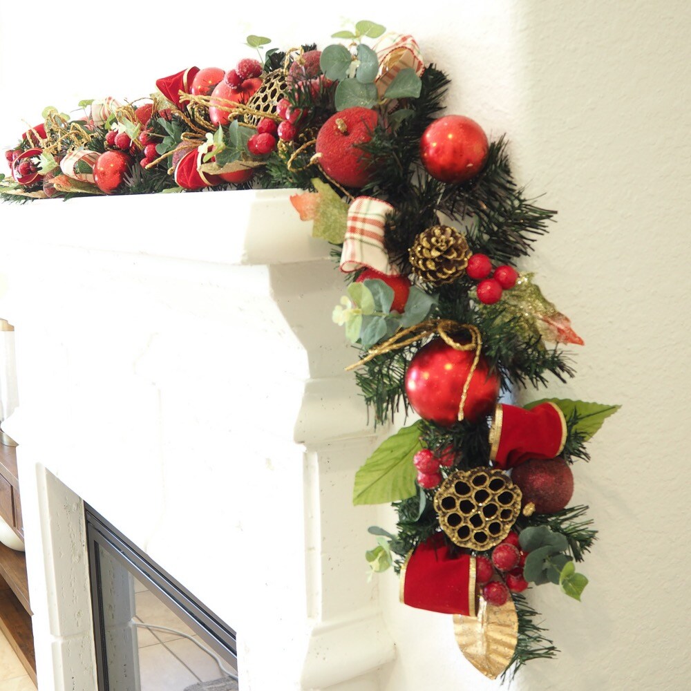 Red, Gold, Blue, Green Poinsettia, Magnolia Garland (Unlit)