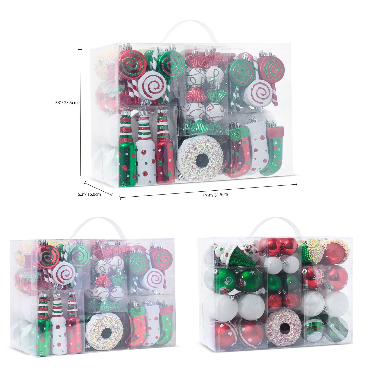 R N&#x27; D Toys Candycane Ornament Set &#x2013; Christmas Candy Cane Shatterproof Balls and Candy Hanging Ornaments for Indoor or Outdoor Christmas Tree, Holiday Party, Home D&#xE9;cor - 82 Piece Set (Red, Green &#x26; White)