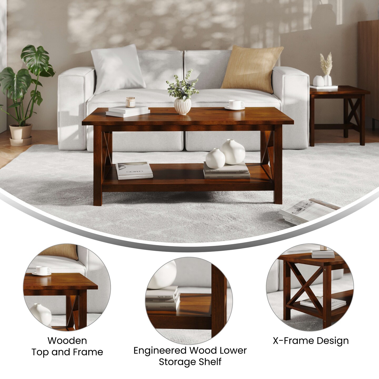 Merrick Lane Matty Rustic Coffee Table with Lower Shelf, Farmhouse Style Solid Wood Accent Table