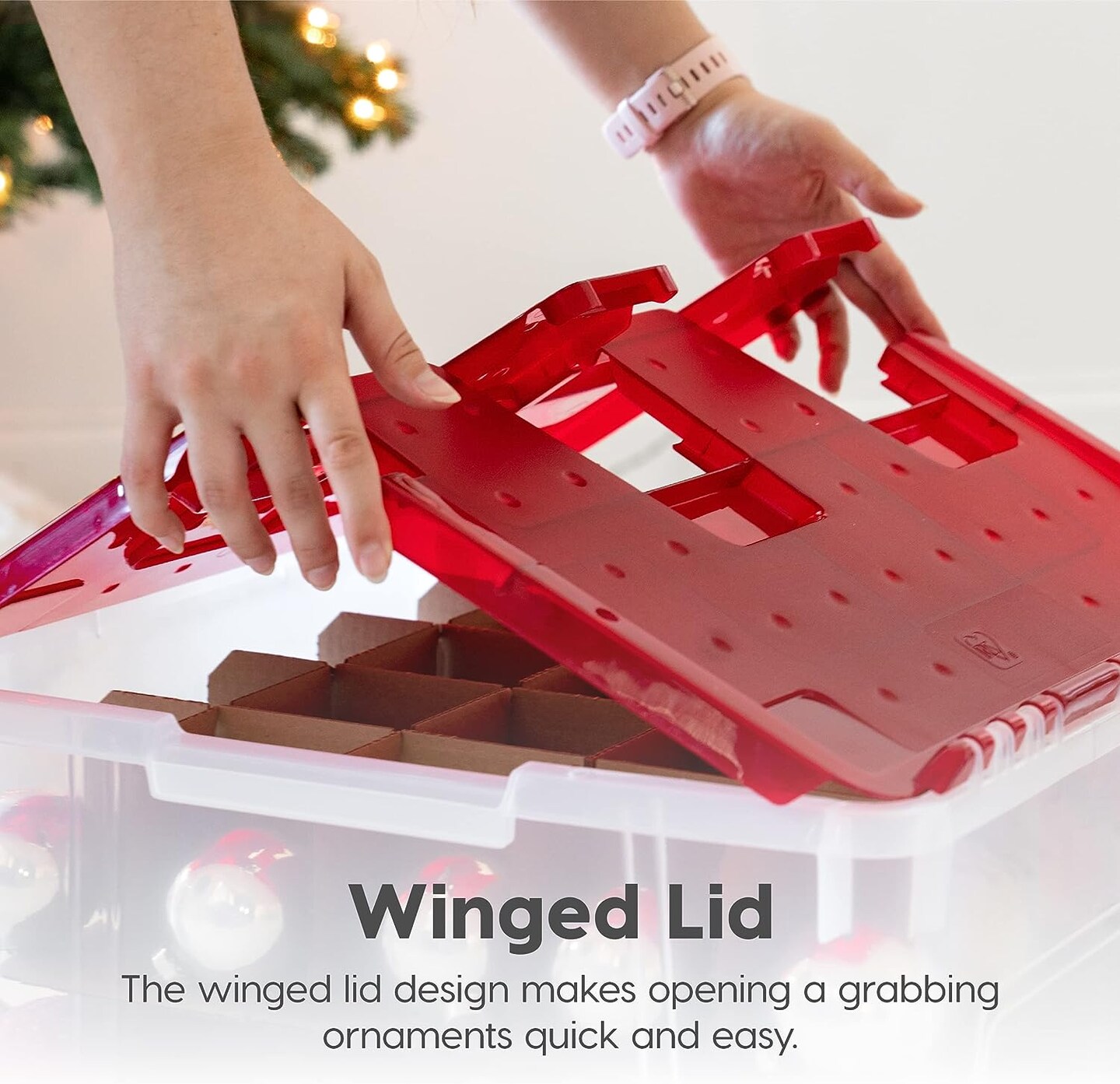 IRIS USA 2 Pack 60qt Plastic Clear Ornament Storage Box with Hinged Lid and Dividers, Clear/Red