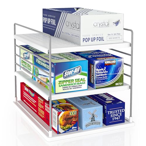 WANCHIY Pantry Organizers and Storage, Foil and Plastic Wrap Organizer- Divided Compartment Holder for Aluminum Foil&#x26;Wraps&#x26;Baggie Boxes, Upgraded Shelf Organizer for Pantry Organizer, Pantry Storage