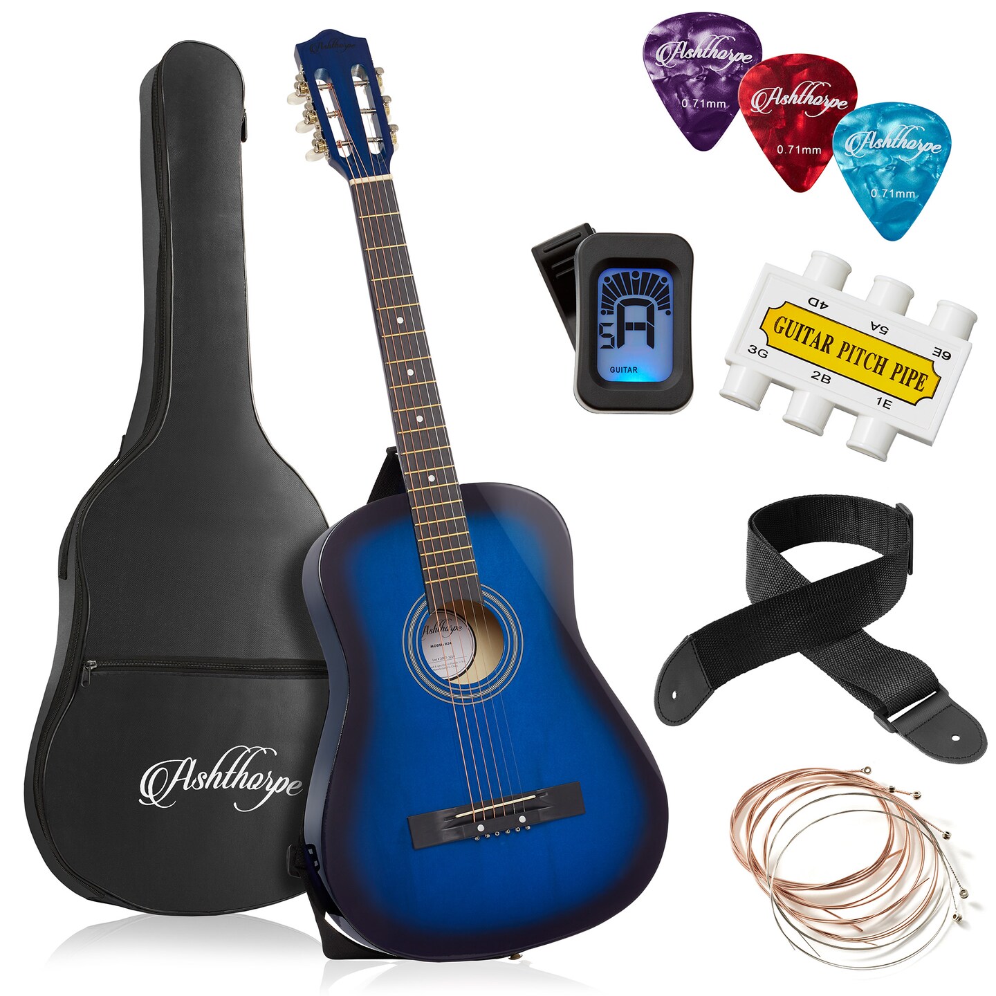 Ashthorpe Beginner Acoustic Guitar Package, Basic Starter Kit w/ Gig Bag, Strings, Strap, Tuner, Picks