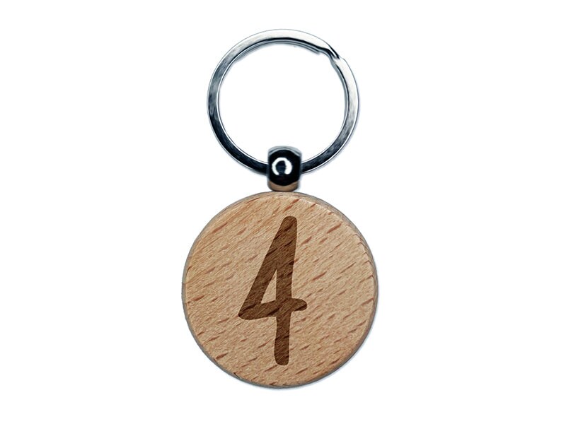 Number 4 Four Felt Marker Font Engraved Wood Round Keychain Tag Charm