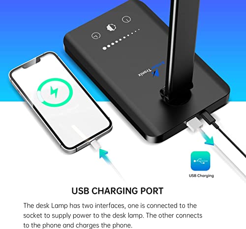 LED Desk Lamp with USB Charging Port, Dimmable Eye-Caring Reading Desk Light for Home, with 5 Brightness Level &#x26; 3 Lighting Modes, Touch Control, Auto Timer (Black)