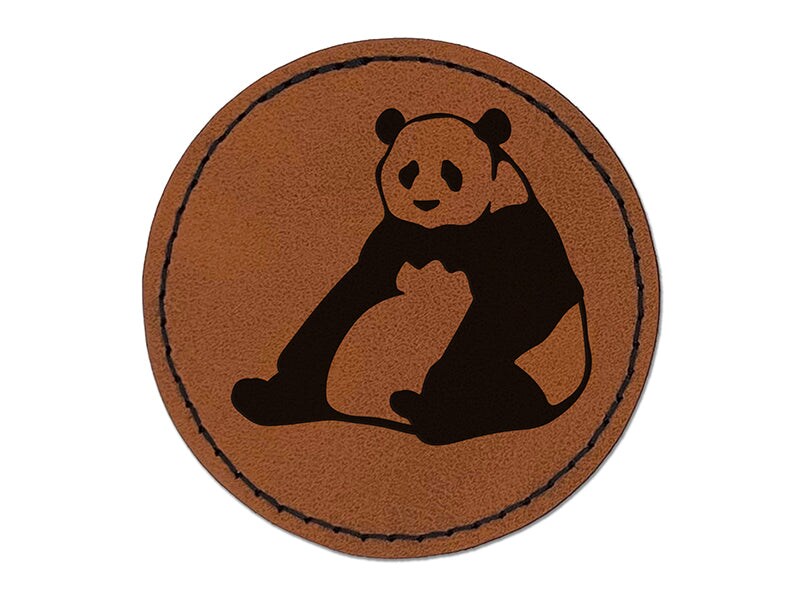 Giant Panda Bear Sitting Round Iron-On Engraved Faux Leather Patch Applique - 2.5&#x22;