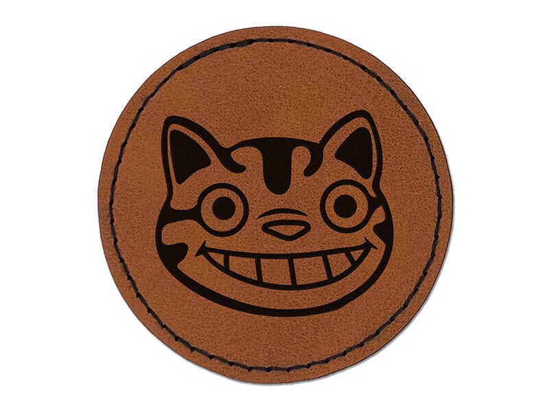 Grinning Cheshire Cat Round Iron-On Engraved Faux Leather Patch Applique - 2.5"
