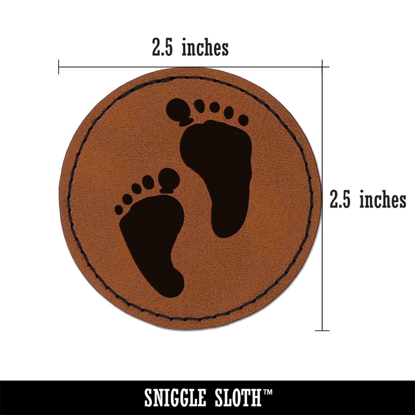 Cute Baby Footprints Silhouette Round Iron-On Engraved Faux Leather Patch Applique - 2.5&#x22;
