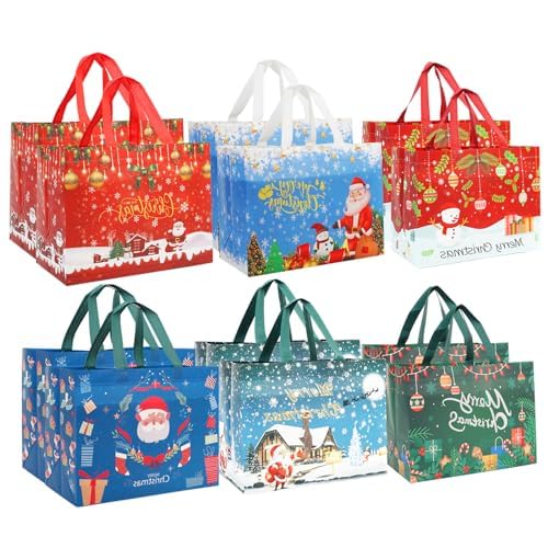 12 Pieces Large Reusable Christmas Tote Bags with Handles, Christmas Treat Bags, Multifunctional Non-Woven Christmas Bags for Gifts Wrapping, Shopping, Xmas, Party Favor Bags, 12.8&#x22; x 9.8&#x22; x 6.7&#x22;