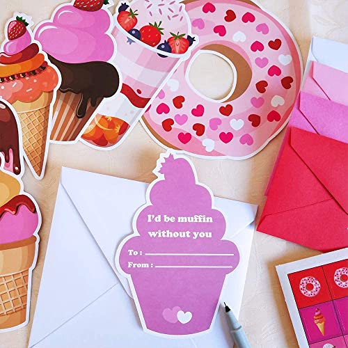 Supla 30 Sets Valentine's Day Cards Scratch Sniff Strawberry Scented Valentine Cards Donut Ice Cream Cupcake Sweet Cards with Stickers Envelopes for Kids Party Favor School Classroom Gift Exchange