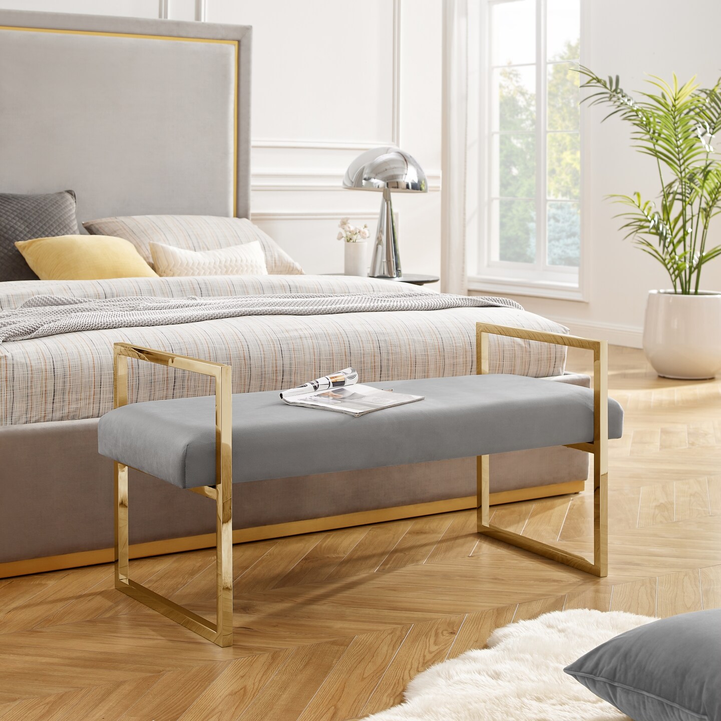 Maja Velvet/PU Leather Bench With Chrome/Gold Base