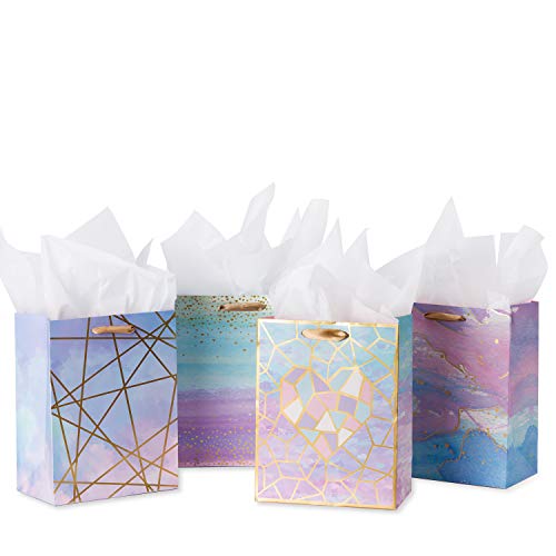 Medium Size Gift Bags-Colorful Marble Pattern Gift Bag with Tissue Paper for Shopping, Parties, Wedding, Baby Shower, Craft-4 Pack-7" X 4" X 9"