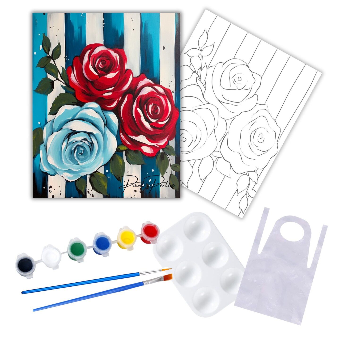 "Red and Blue Roses" DIY Canvas Art Kit, Adult Beginner, Acrylic Paint Size 11x14 inch