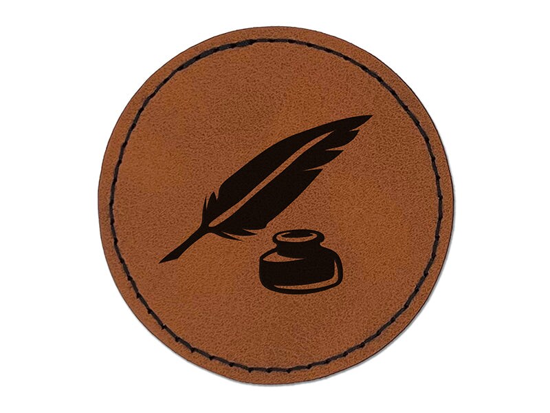Quill Feather Pen and Ink Round Iron-On Engraved Faux Leather Patch Applique - 2.5&#x22;