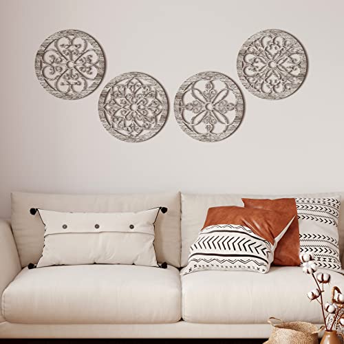 4 Pieces Thicken Rustic Wall Decor Farmhouse Wall Art Decor Wooden Hollow Carved Design Rustic Round Wall Art for Living Room Bedroom Hallway Decor Office Kitchen Wall (Retro White,10 x 10 Inch)