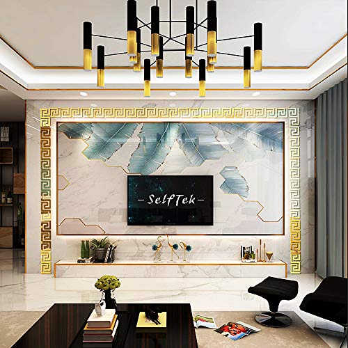 SelfTek 30Pcs Acrylic Mirror Wall Stickers Mirror Decals Peel and Stick Mirror Tiles Border DIY Adhesive Wall Decor Stickers for Living Room Home Background Decor (Gold)
