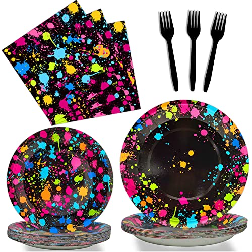 96 Pieces Party Supplies for 24 Guests Glow Party Plates Napkins Tableware Neon Glow Birthday Colorful Graffiti Party Decoration Favor,