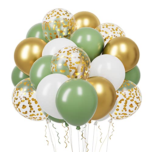 65 Pieces 12 Inches Sage Green Gold Confetti Balloons Kit, Green White Metallic Gold Party Balloons with Ribbons for Birthday, Wedding, Baby Shower, Graduation, Eucalyptus Party Decorations