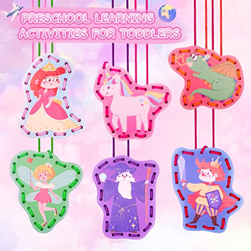 Wooden Fairytale Lacing Card for Kids 3-5, Sewing Cards for Toddlers, Toddler Arts and Craft, Fine Motor Skill Toys, 6 Wooden Panels and 6 Matching Laces, Gift for Boys, Girls