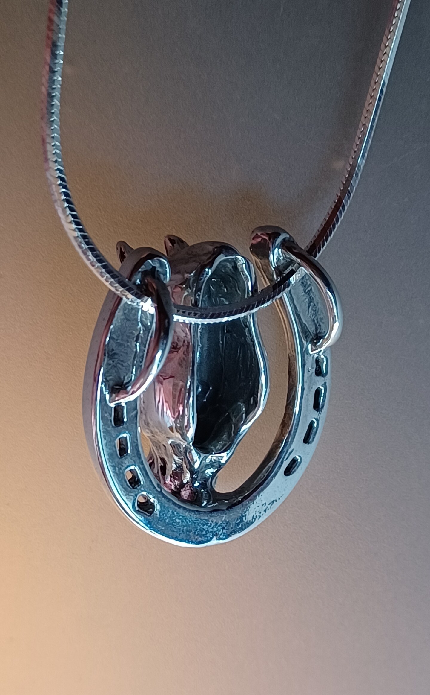 Jumper horse in horseshoe pendant and chain. Necklace Sterling Silver Forge Hill Sculpture popular equestrian jewelry Zimmer