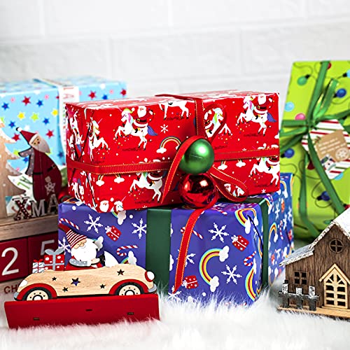 WRAPAHOLIC Reversible Christmas Wrapping Paper - Mini Roll - 17 Inch X 33 Feet - Red Santa Claus and Unicorn, Red and White Stripe Design for Holiday, Party, Celebration