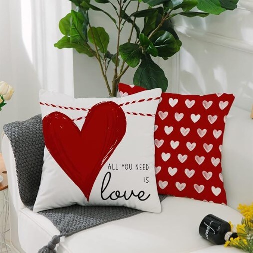 Red White Stripes Dots Love Heart Valentines Day Pillow Covers Set of 4 for Valentines Decor Decorative Cushion Cases for Valentine's Day Valentine's Day Decorations