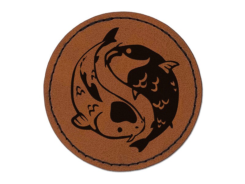 Yin and Yang Koi Fish Round Iron-On Engraved Faux Leather Patch Applique - 2.5&#x22;