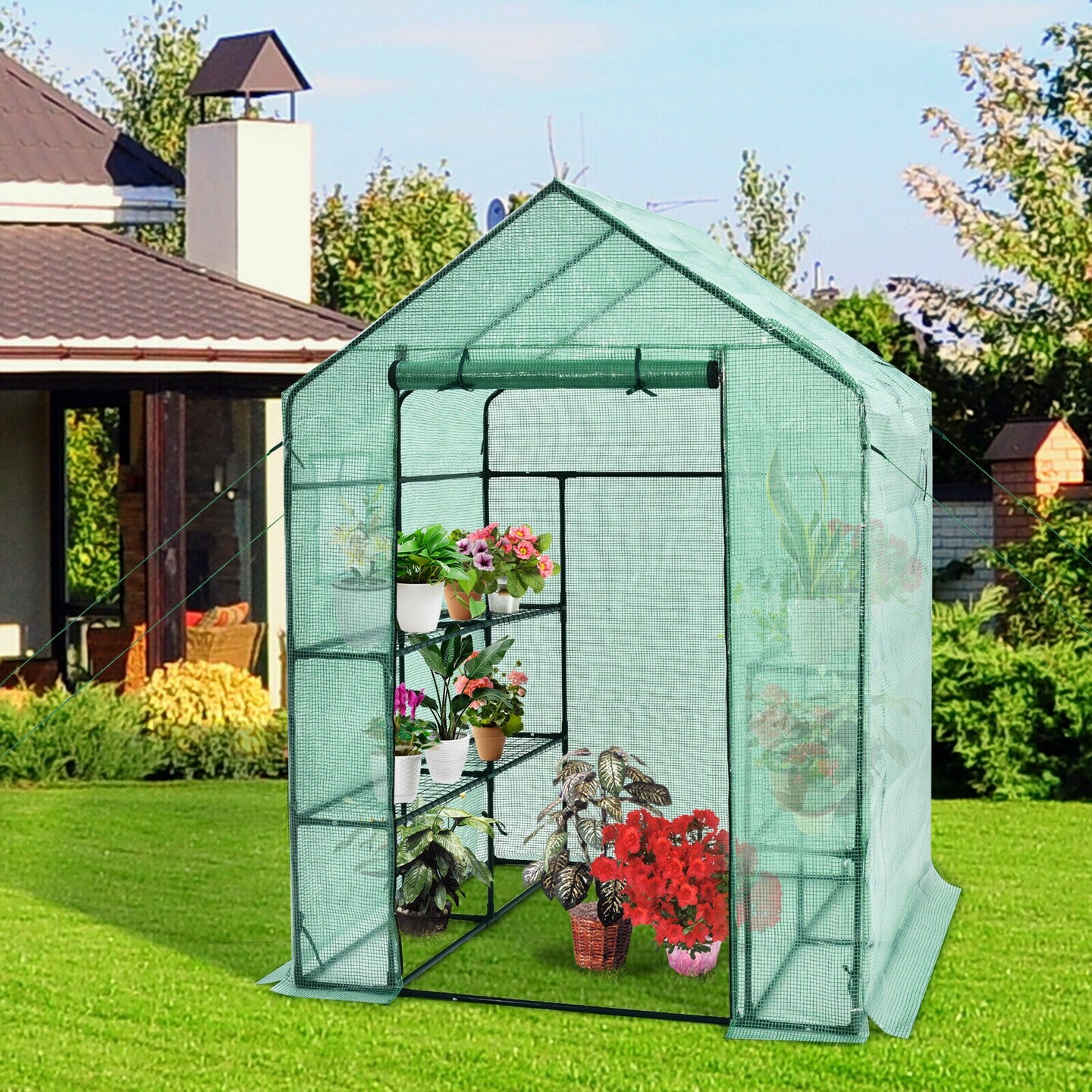 Walk-in Gardening Greenhouse with Observation Windows and Zipper Roll-up Door