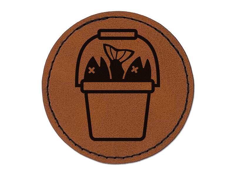 Fishing Bucket Full of Fish Fisherman Angler Round Iron-On Engraved Faux Leather Patch Applique - 2.5&#x22;