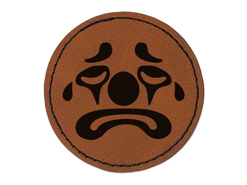 Sad Clown Face Round Iron-On Engraved Faux Leather Patch Applique - 2.5&#x22;
