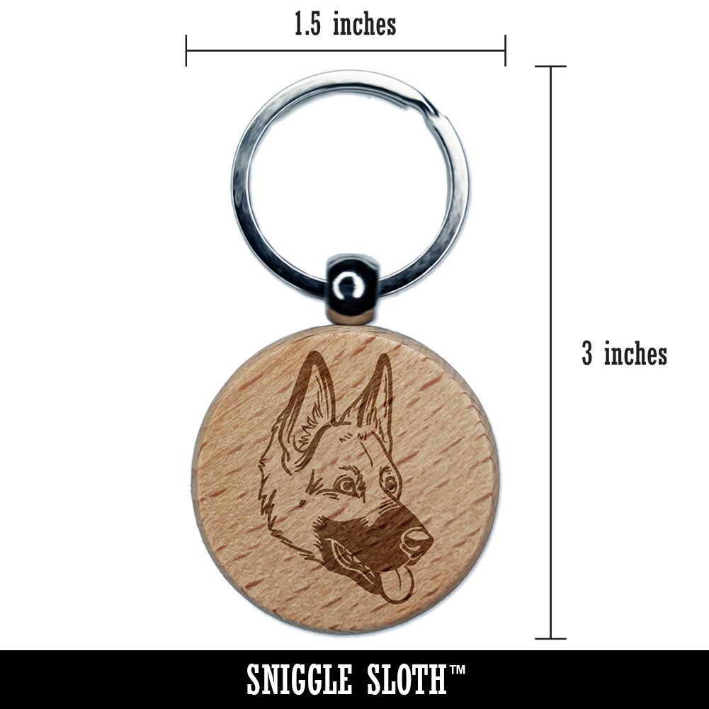 German Shepherd Dog Head Engraved Wood Round Keychain Tag Charm