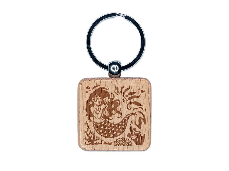 Mermaid Swimming in Reef Engraved Wood Square Keychain Tag Charm