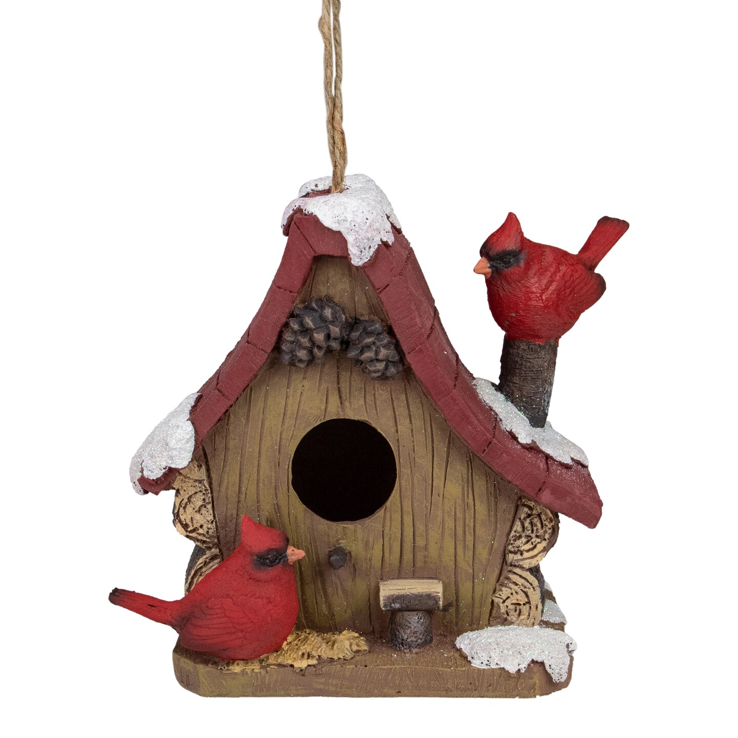 Northlight 7" Brown and Red Birdhouse with Cardinals Hanging Christmas Decoration