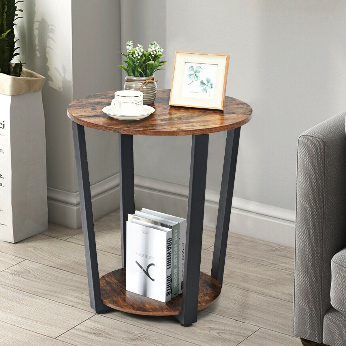 2-tier Round End Table with Storage Shelf & Metal Frame