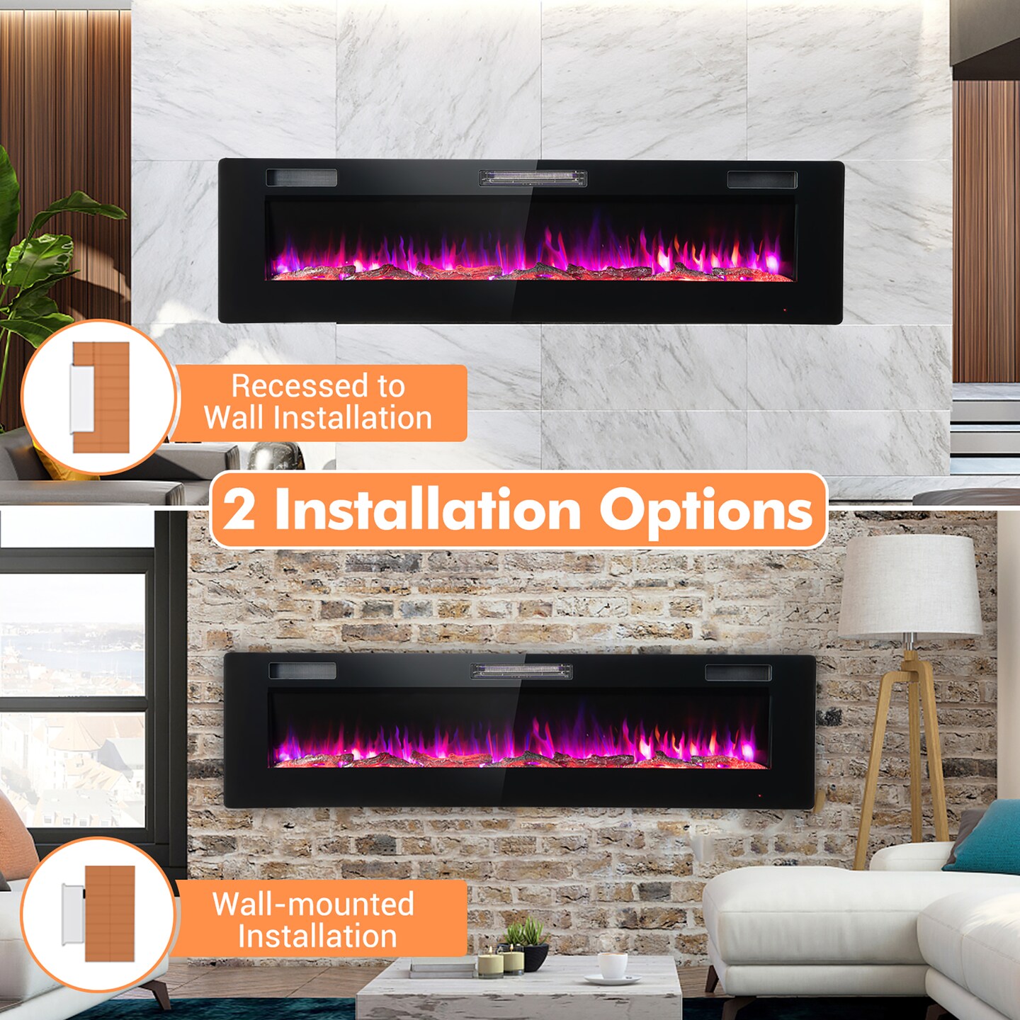 Costway 68'' Ultra-Thin Electric Fireplace Recessed Wall Mounted W/Crystal Log Decoration