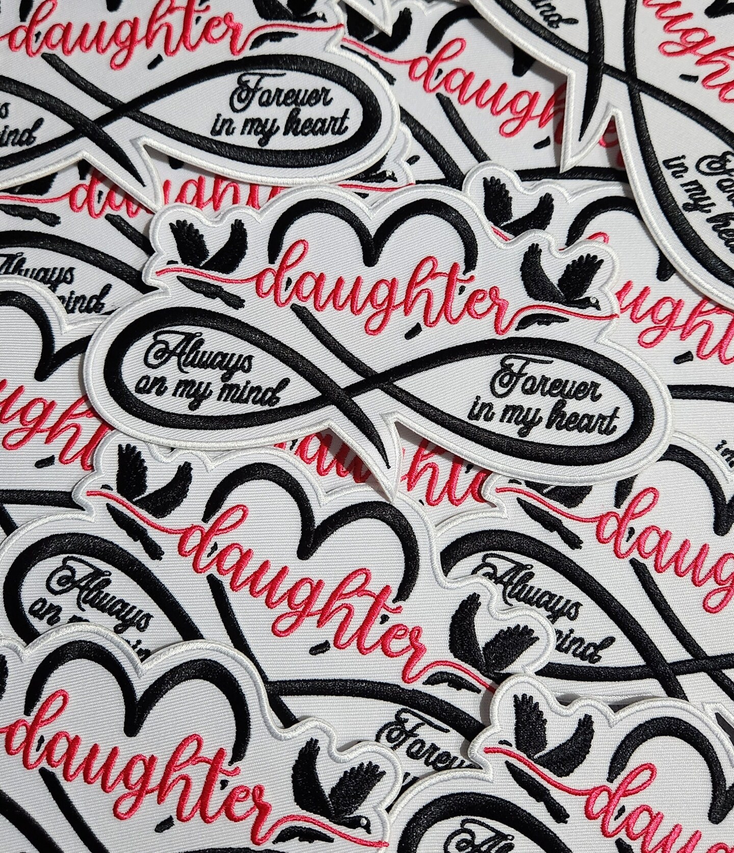 Memorial Infinity Collection: Patch Party Club, "DAUGHTER" Eternal Remembrance 1-pc, Iron-On Embroidered Patch, Sz 6", Tribute Honor