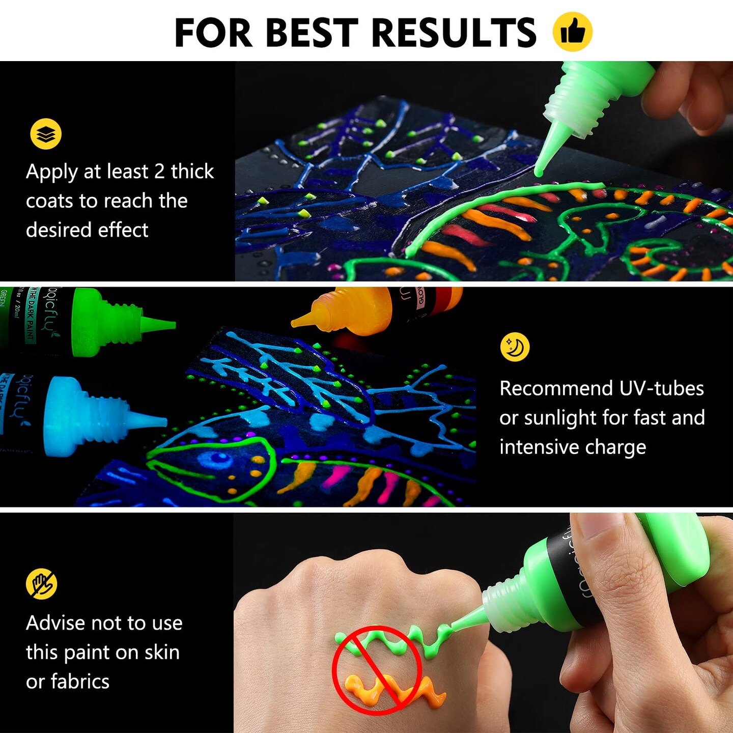 10 Bright Colors Acrylic Glow in The Dark Paint,  Liquid Luminous Paint, Neon Paints Glow in Dark for Painting, Halloween Decoration, DIY Crafts, 20 ml Each